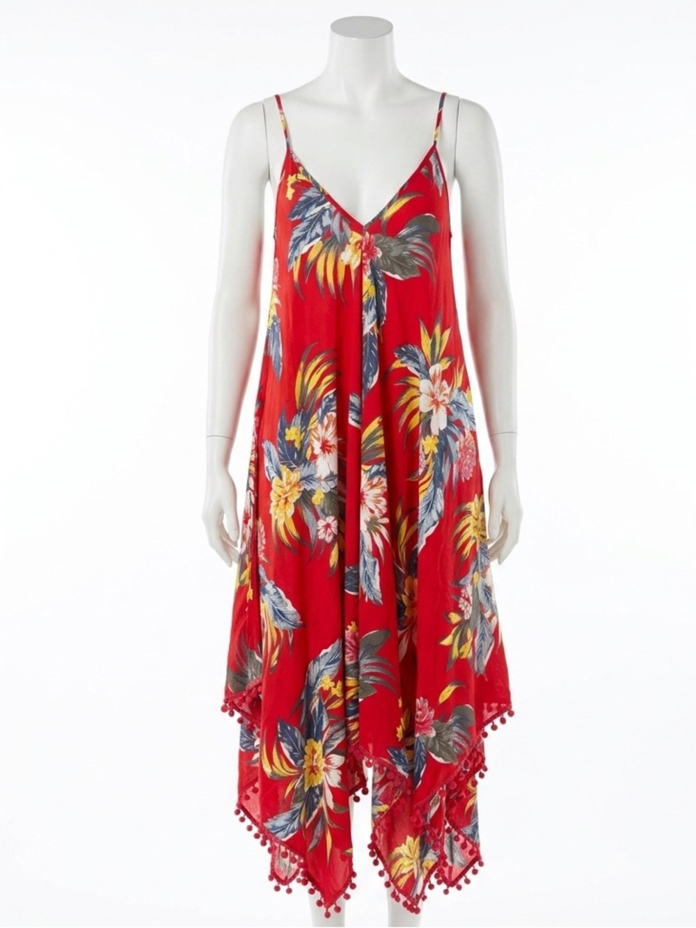 Goa Beachwear Japna Red Floral Asymmetrical Midi Dress Pom Pom Trim Size XL NWT